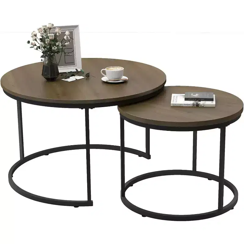 Zevemomo Nesting Coffee Table Set of 2,27.6Brown Wood Coffee Table with Marble Pattern Top and Sturdy Metal Frame,for Living Room, Bedroom,Patio,Yard