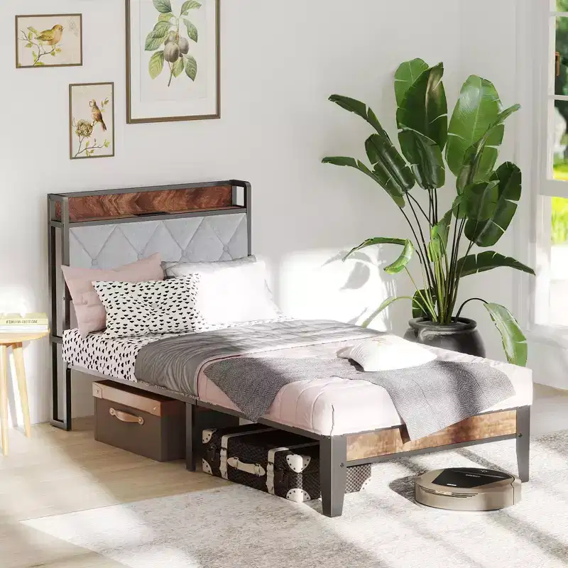 JIONJOY Noise-Free Bed Frame with Built-in Charging Ports, 11 Underbed Storage, No Box Spring Needed