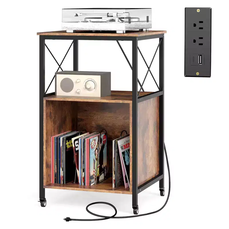 Mobile Record Player Stand with Power Outlet, Open Shelf & Dividers, Metal Frame