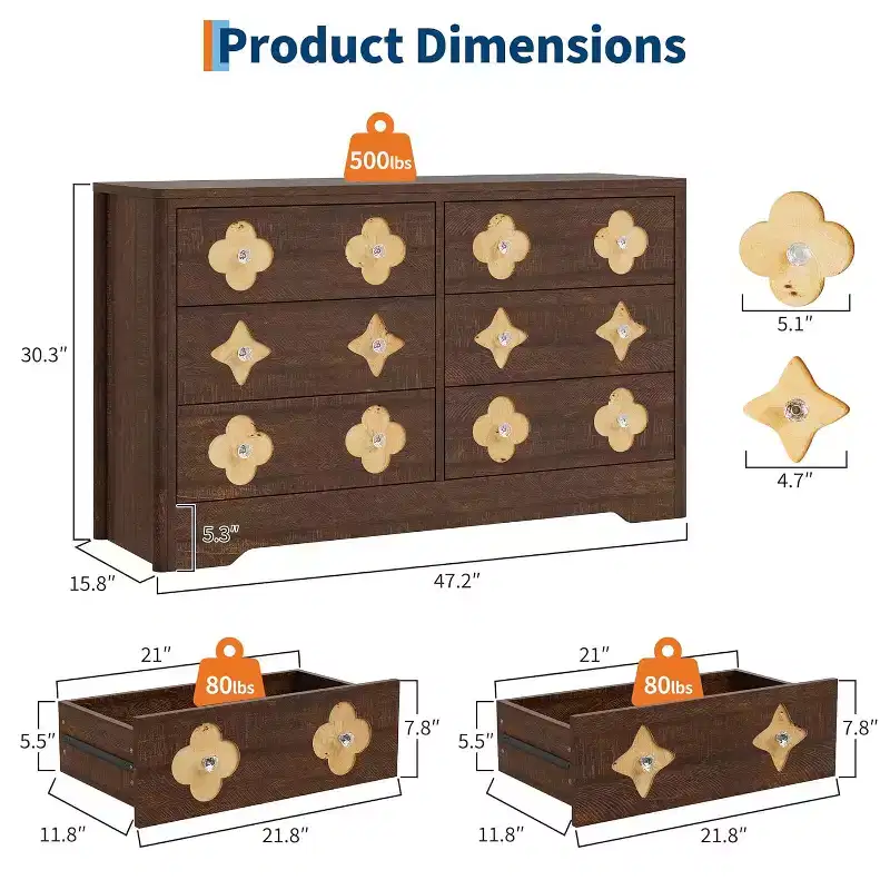 Dresser for Bedroom with 6 Drawers, 47.2'' Wide Chest of Large Decorative Drawer Front with Large Clothes Storage Cabinet, Wood Bedroom Dresser