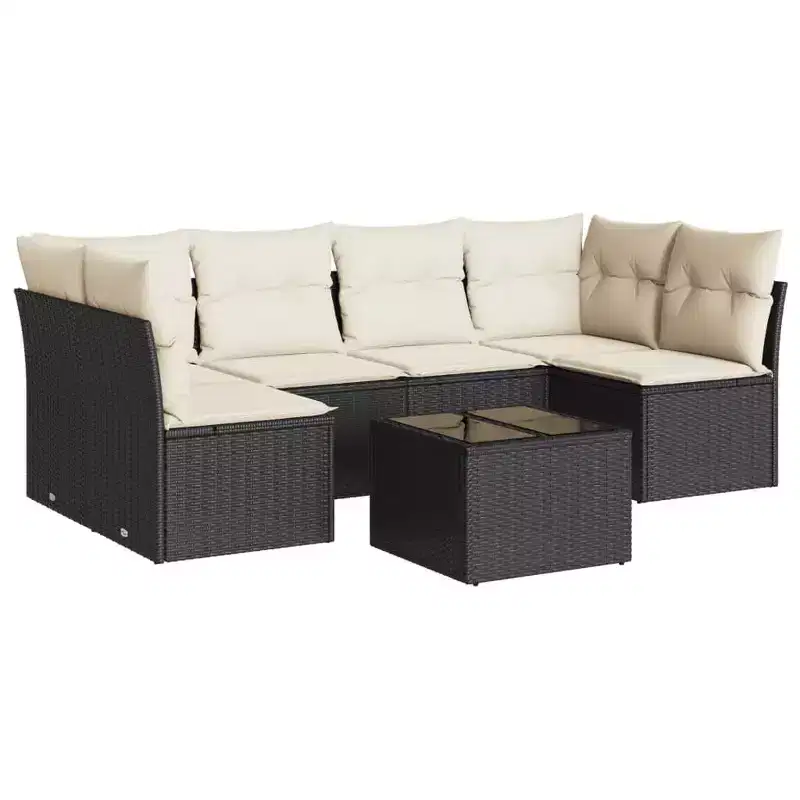 vidaXL 7 Piece Patio Sofa Set with Cushions Poly Rattan - With Table Black and Cream