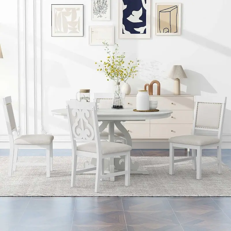 58 Traditional Extendable Dining Table Set with 4 Upholstered Chairs