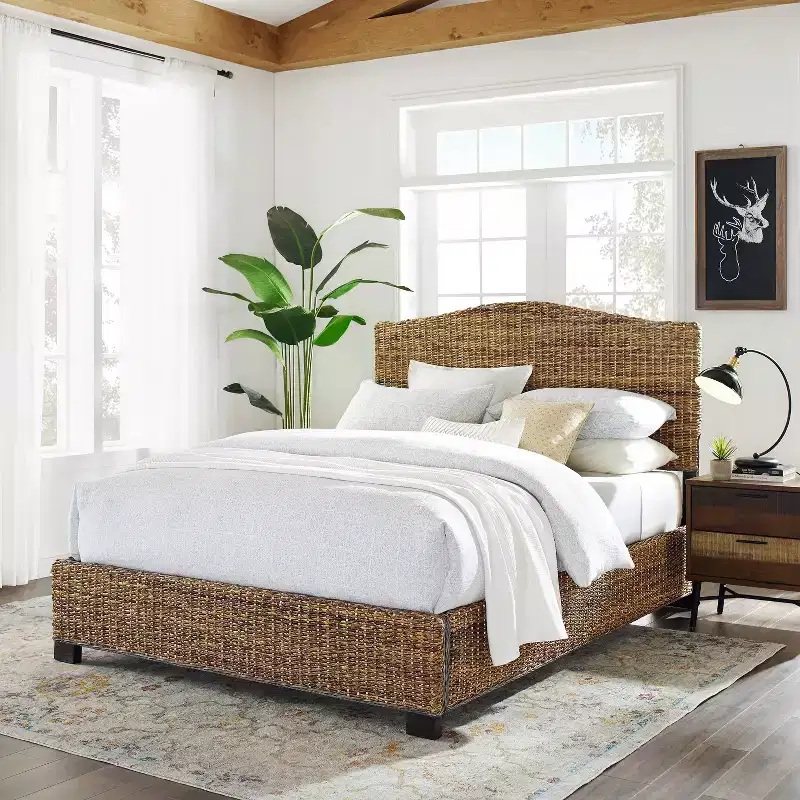 Queen Serena Bed Banana Leaf - Crosley: Coastal Style Plywood & Wood Frame, Curved Headboard Design