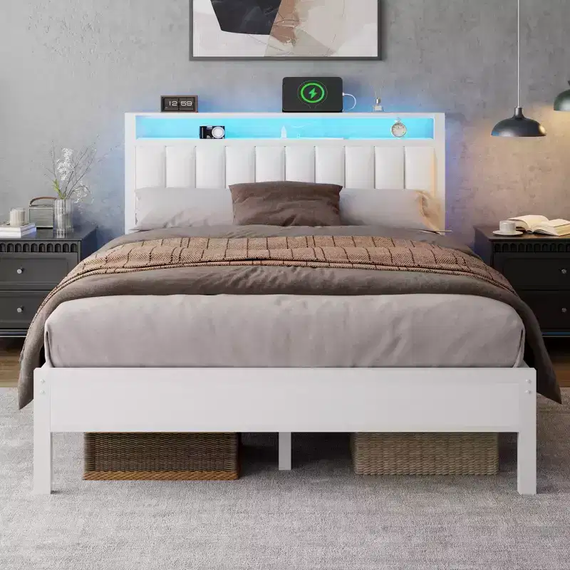 White Queen Size Bed Frame With LED Lights Charging Station Faux Leather Upholstered Storage Headboard Shelf Platform No Box Spring Needed Modern