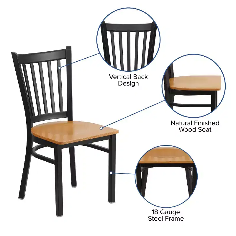Black Metal Frame Vertical Back Dining Chair – Vinyl or Wood Seat, Seats 1