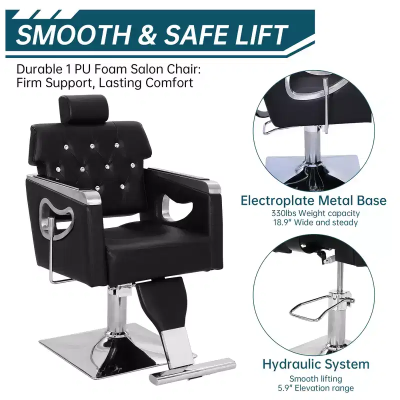 Reclining Barber & Salon Chair, Adjustable Height, 360° Swivel, PU Leather, 330LBS