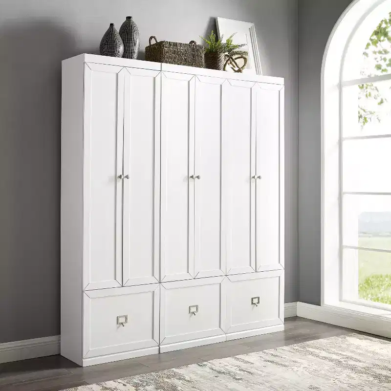 3pc Harper Entryway Pantry Closets White - Crosley: MDF Composite, Wood Veneer, 6 Doors, 3 Drawers, 9 Hooks, 74" Height