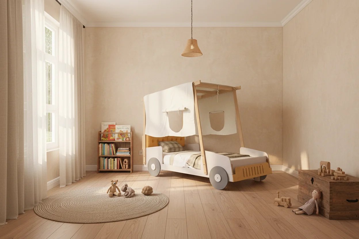 Wooden Car Bed with Pillows, Ceiling Cloth, Natural