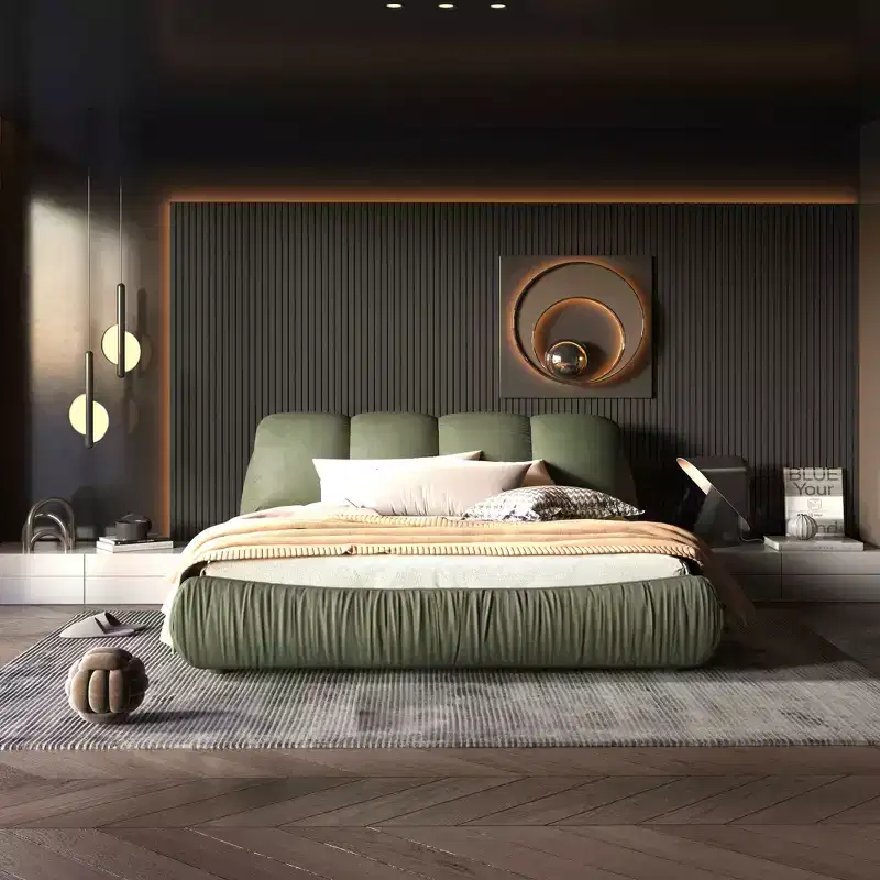 MAYEERTY Queen Size Luxury Upholstered Platform Bed with Oversized Padded Backrset and Solid Wood Frame Green