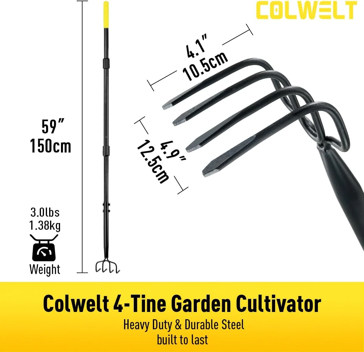 4 Tine Garden Cultivator Rake with Long Handle for Digging Loosening Weeding