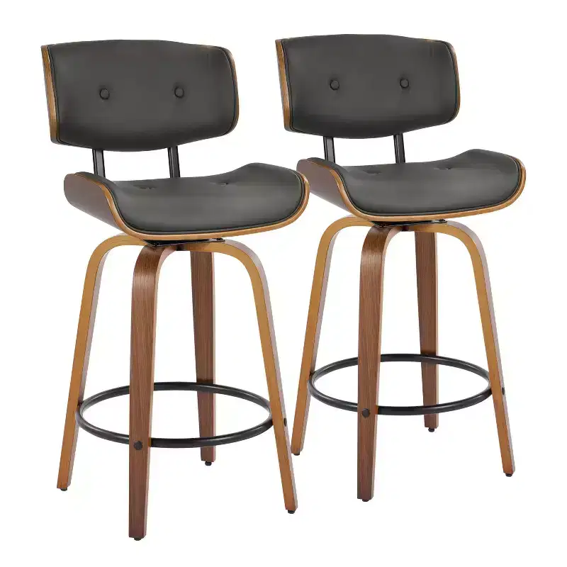 LumiSource Set of 2 Lombardi Counter Height Barstools Walnut/Black/Gray PU: Mid-Century Modern Swivel, Footrest