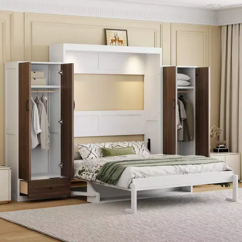 ModernLuxe Full/Queen Size Murphy Bed with Closet, Drawers & Table - Wall Bed for Small Spaces, White