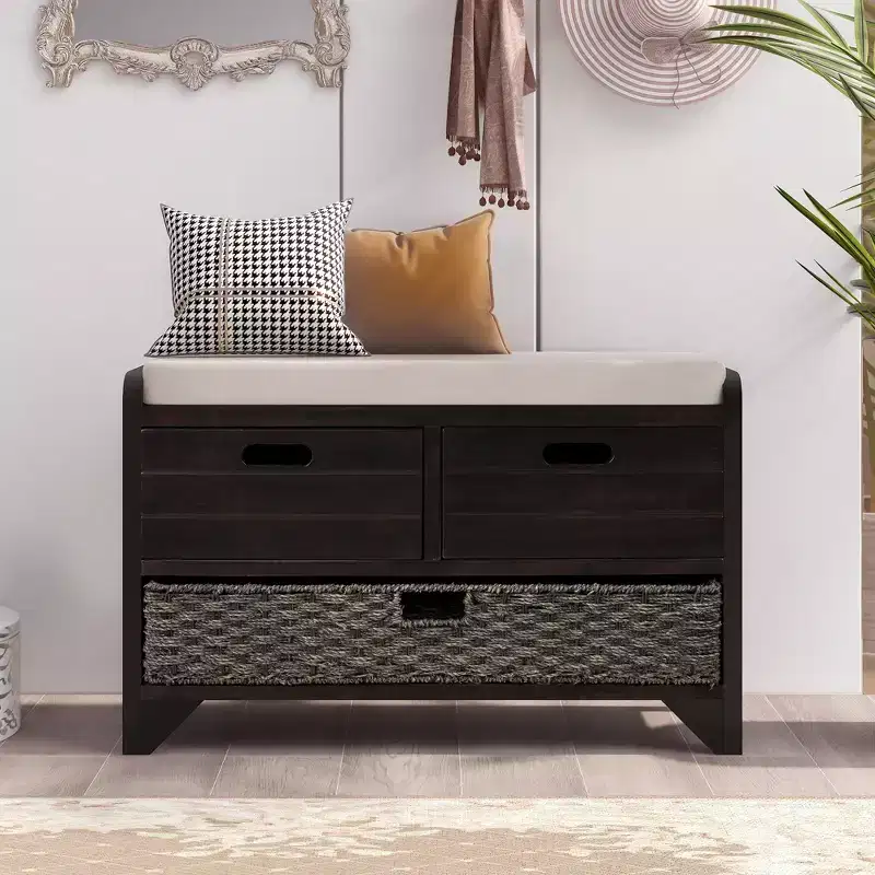 Storage Bench with 2 Drawers & Removable Basket, Acacia Wood, 32