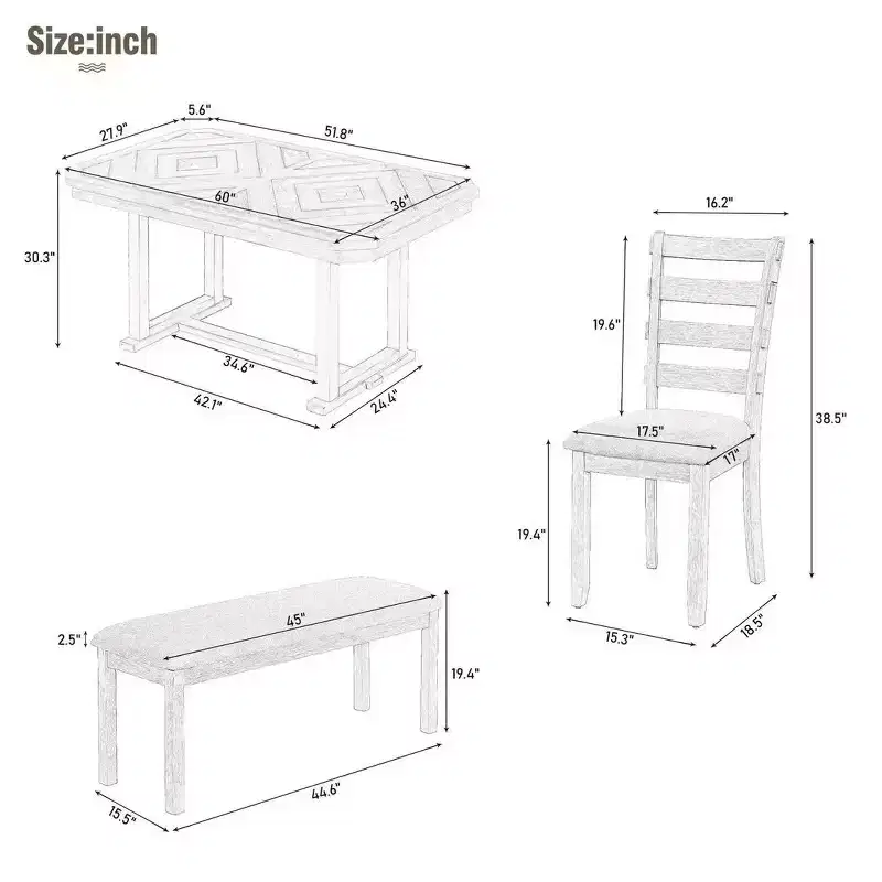 Dining Table Set for 6 with Wood Grain Pattern Tabletop, Kitchen Table Set with Chairs & Bench