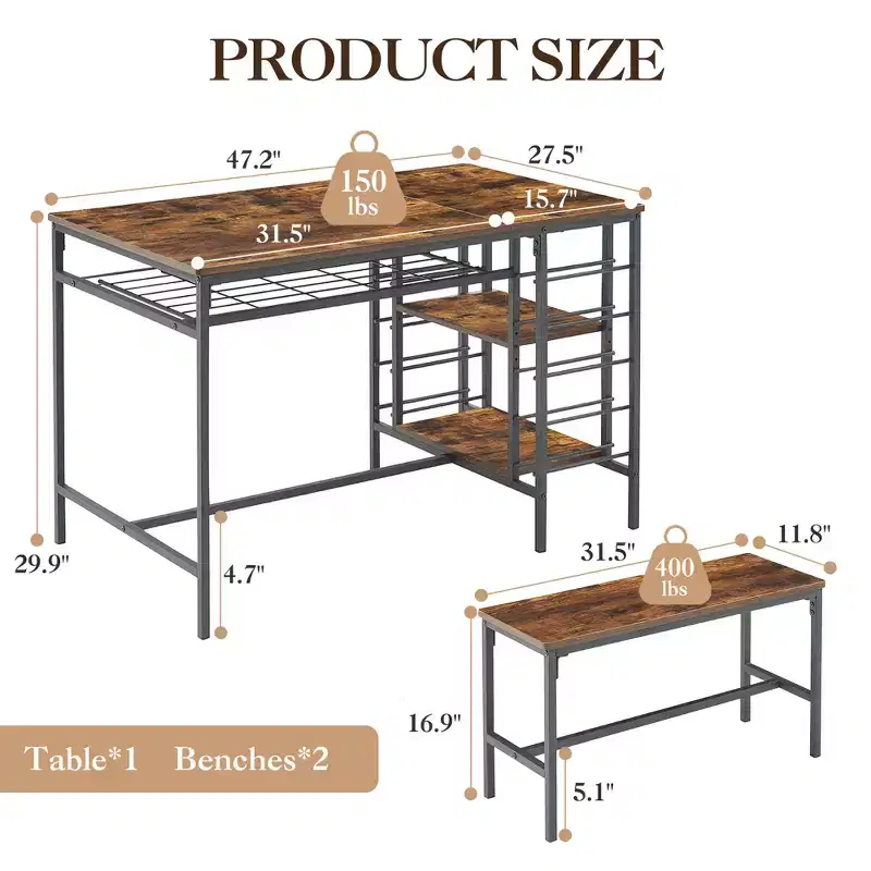 TRINITY Dining Table Set for 4, Kitchen Table Set for 4 with 2 Benches, Rectangular Dining Room Table Set with Wine Rack & Storage Shelves