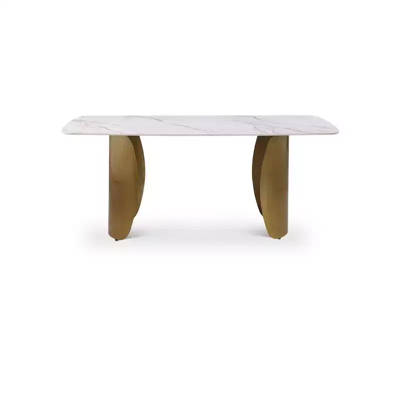 Metal & Sintered Stone Rectangular Dining Table with Gold Curved Base 71''W x 30''H White