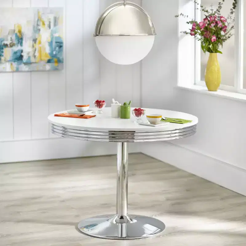 Retro Round Dining Table White – Chrome Pedestal Base, Seats 4