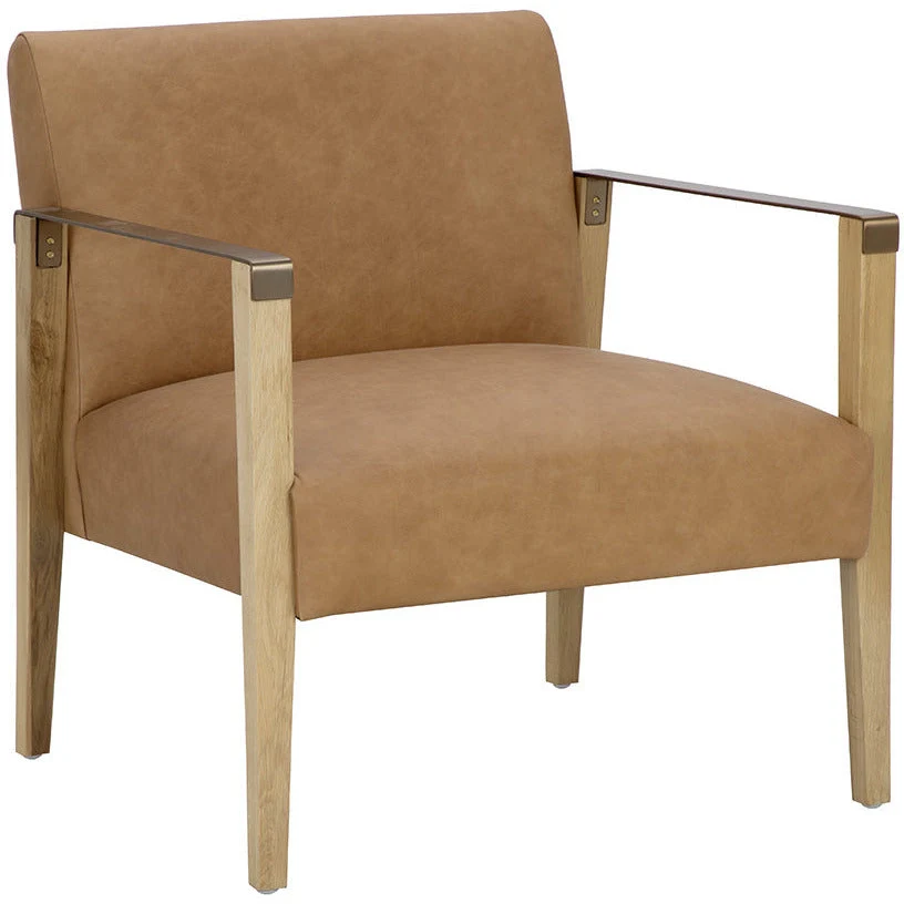 Modern Sesame Leather & Solid Rustic Oak Lounge Chair with Brass Steel Armrests for Living Room
