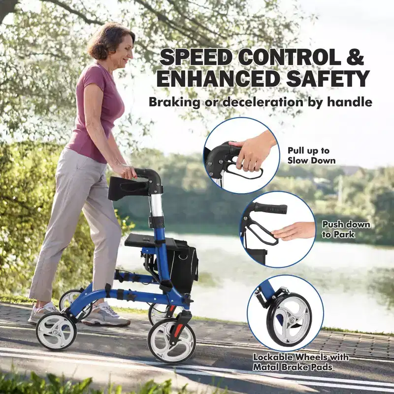 All Terrain Rollator Walker with Seat, Backrest, Handles, Walker for Seniors, 12 Rubber Wheels Foldable Lightweight Aluminum Walkers