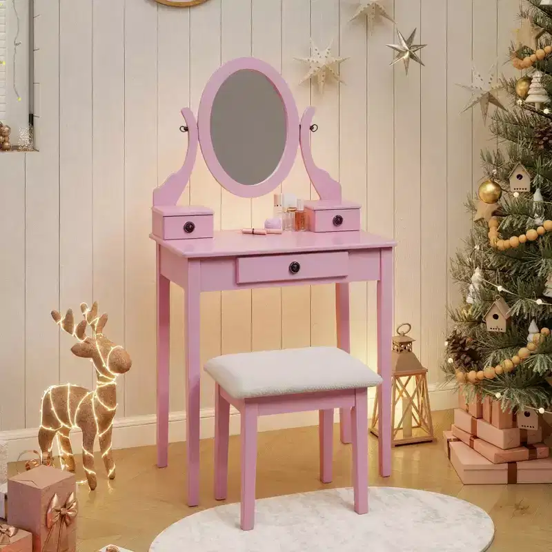 Contemporary Makeup Vanity Desk with Mirror, 3 Drawers, Matching Stool for Bedroom, Pink Finish, Space-Saving Design