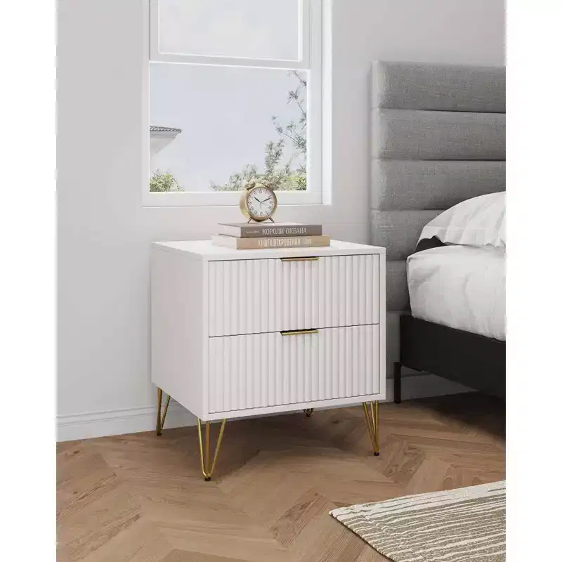 2 Drawer Nightstand White: Modern MDF Bedside Table with Metal Glides, Storage