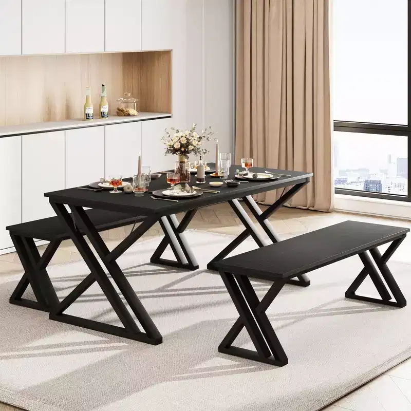 CuisinSmart Dining Table Set with Bench & wooden tabletop, Metal Frame X-Shaped Design Kitchen Table with Bench for 4, for Cafe Home Office, Black