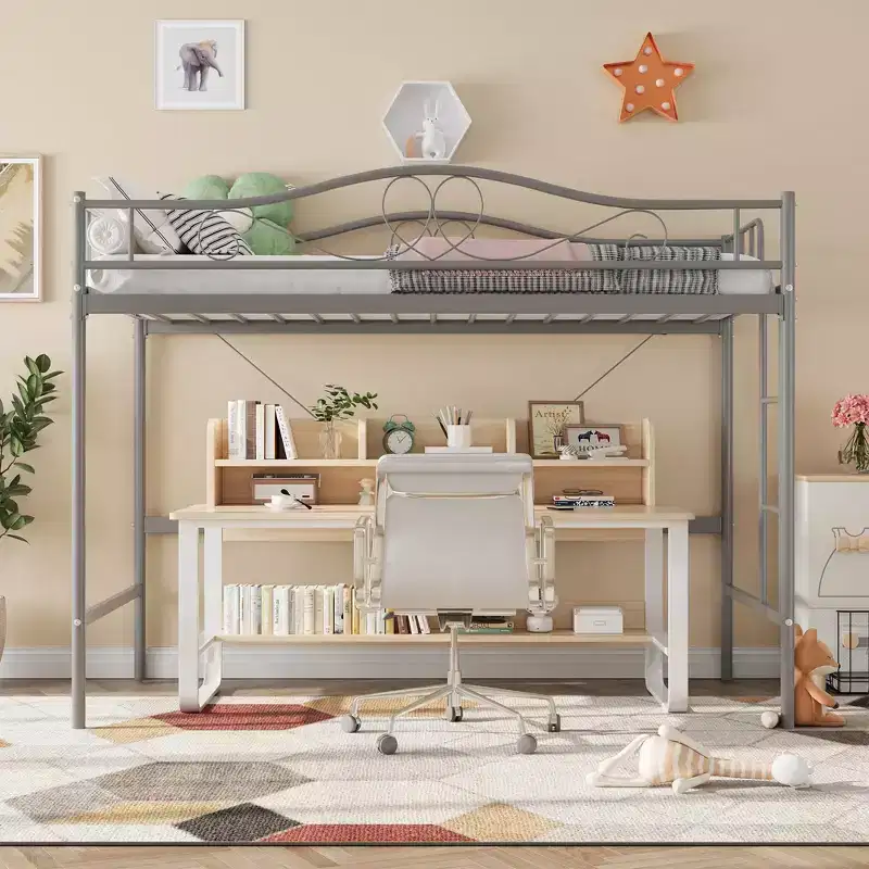 Single loft bed  Heavy-duty metal frame, removable ladder, full-length safety rails, 400 lbs weight capacity, no mattress base required
