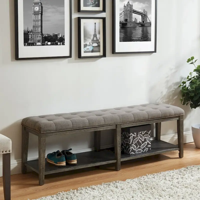 Rustic Linen Tufted Storage Entryway Bench