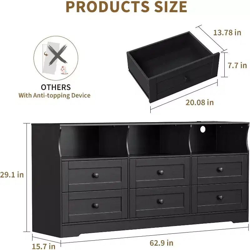 6 Drawer Dresser for Bedroom, 62.9in Slim Wooden Chest of Drawers with Open Shelf, Skinny Dresser for Nursery, Apartment, Closet Organization