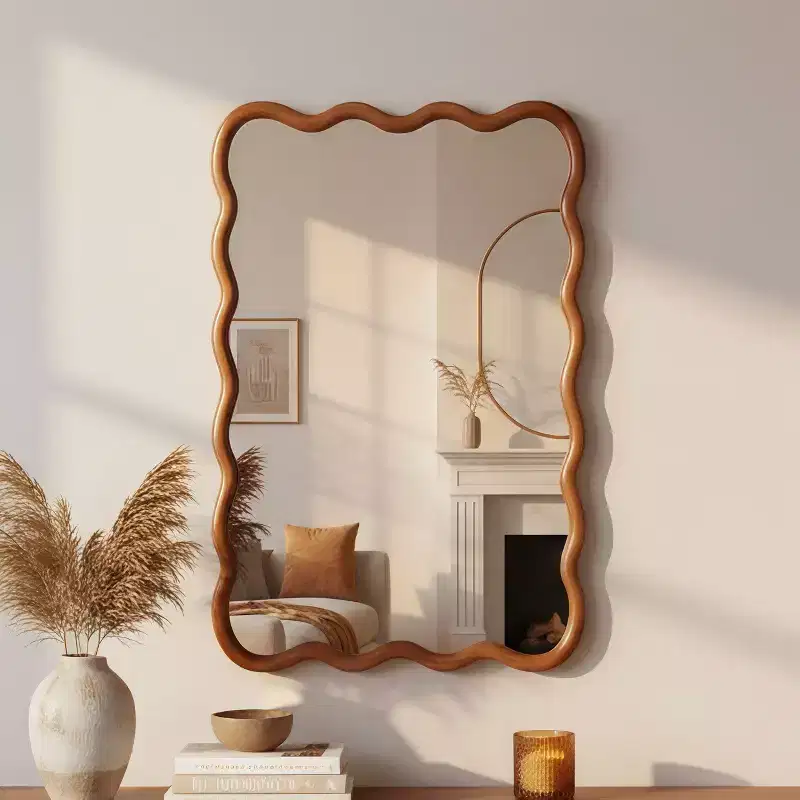 24 x 36 Wavy Rectangle Solid Wood Frame Decorative Mirror, Modern Farmhouse Wall Mirror For Bedroom Bathroom Living Room Entryway, Brown
