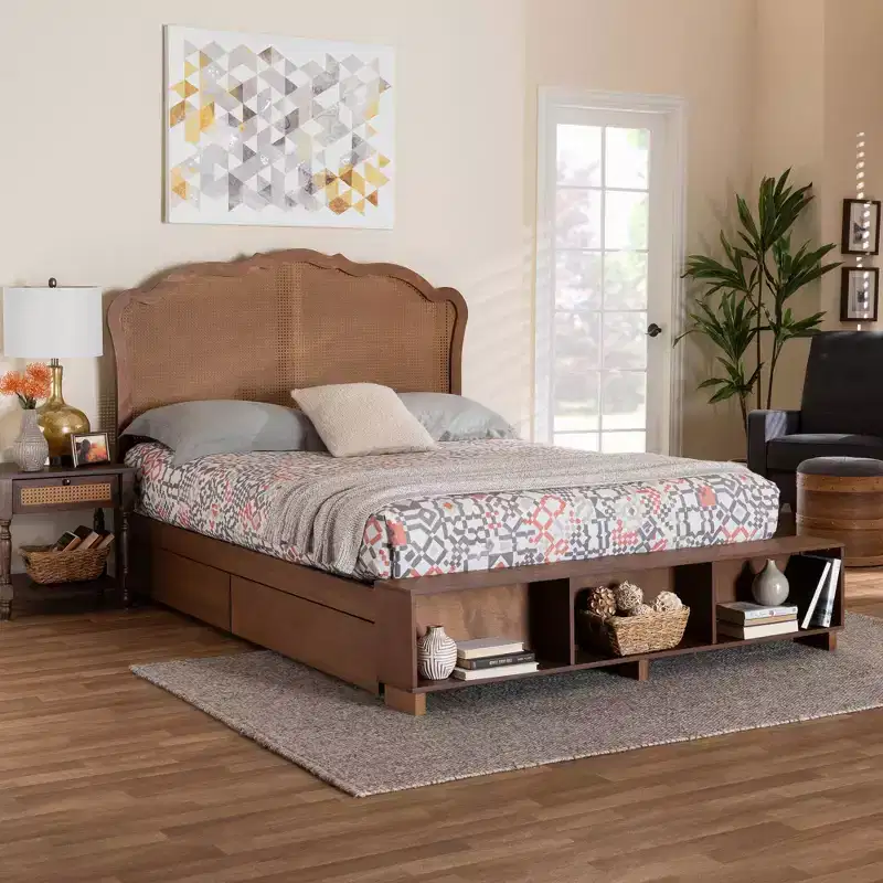 King Size Wood and Rattan Storage Bed - Walnut Brown