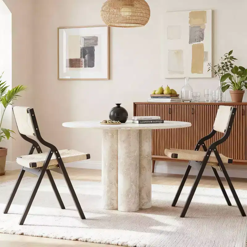 MAYEERTY 2-Set Wood Foldable & Stackable Dining Chairs for Dining Room, Woven Seat & Back, Black - Natural