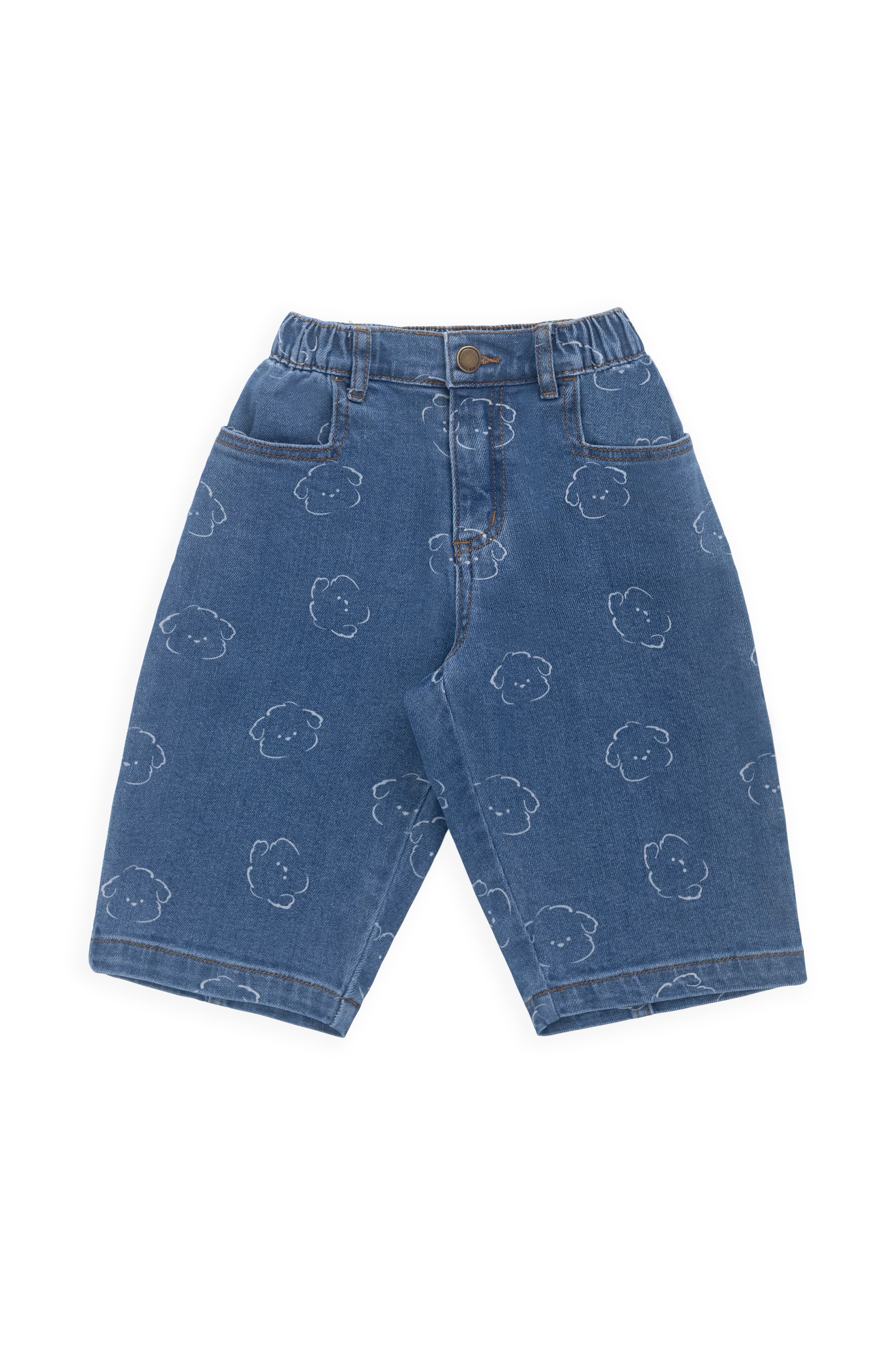 Playful Mid Blue Denim Bear-Embroidery Cotton Pant with Elastic Waistband & Pockets for Kids 6M–8Y
