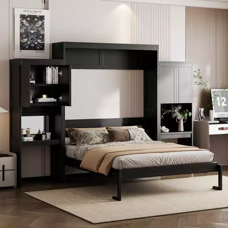 Queen Size Murphy Bed with Desk, Vanity Mirror and Cabinets
