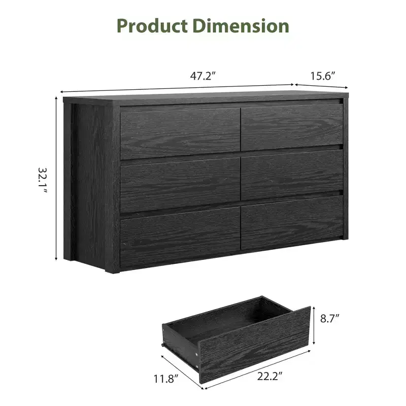 Rustic Farmhouse 6 Dresser for Bedroom,Wooden Drawer Dresser,Handle-Free Storage Cabinet with Drawers for Bedroom, Living Room, with Anti-Tip Safety