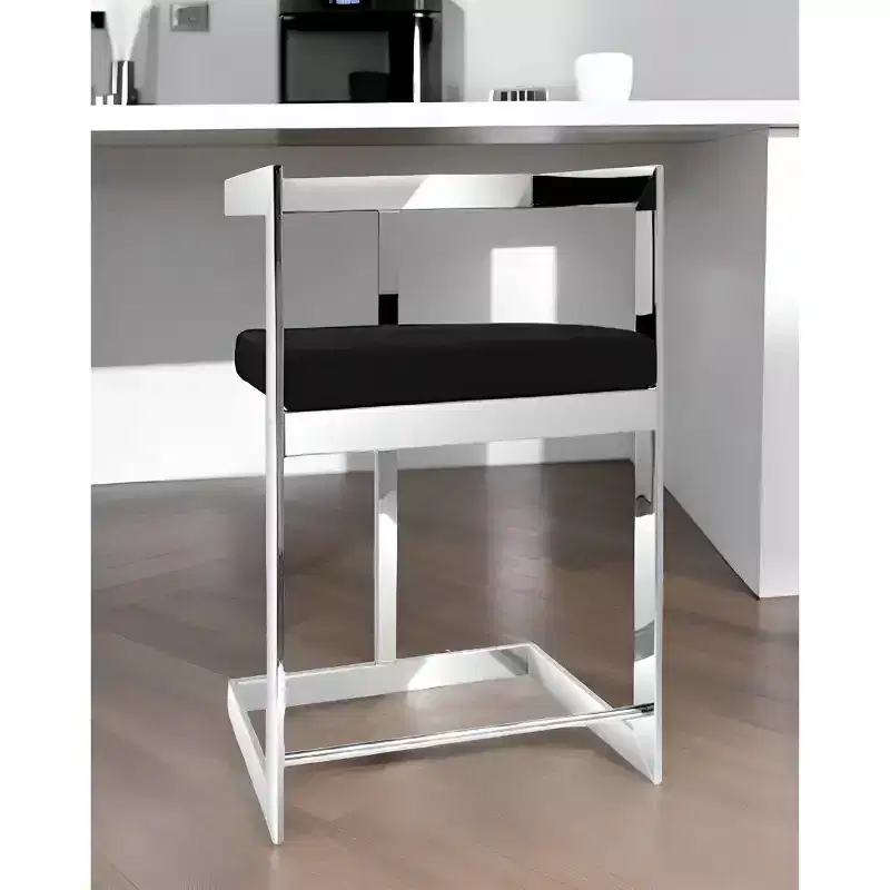 26 Black and Silver Velvet and Stainless Steel Low Back Counter Height Bar Chair