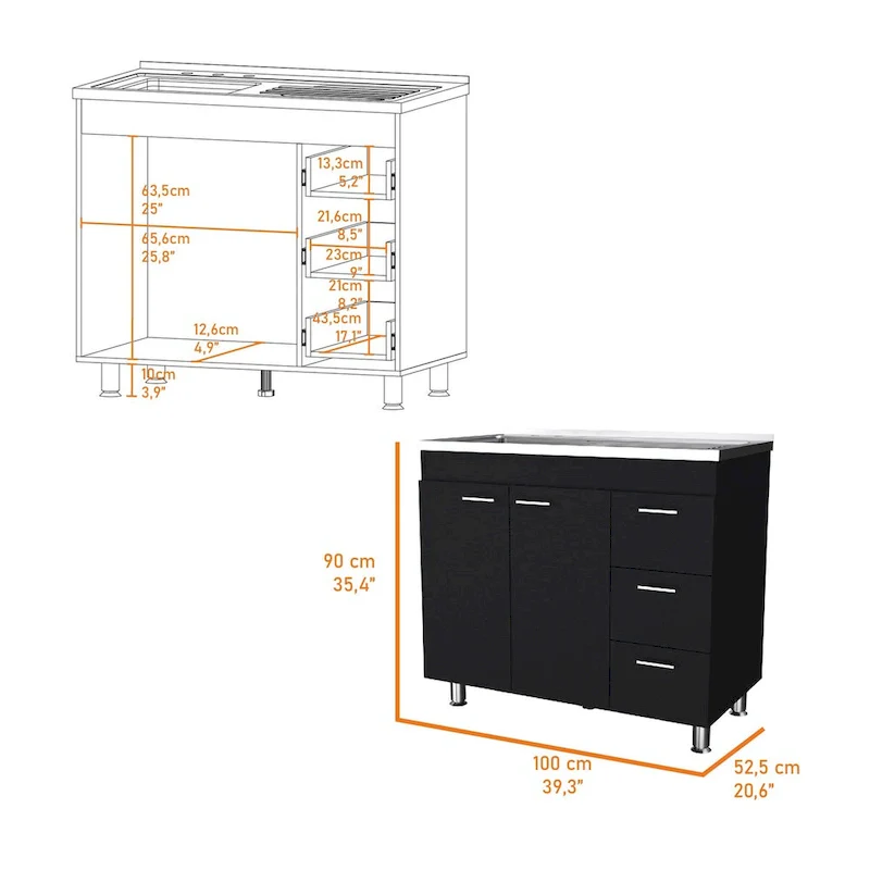 Darien melamine base cabinet, three drawers and stainless steel top. - N/A