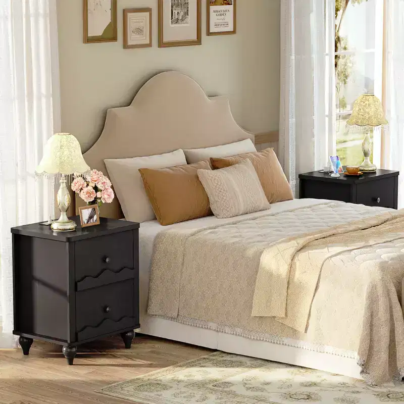 Besiost Wooden Nightstand with Charging Station, Storage Dresser with 2 Drawers