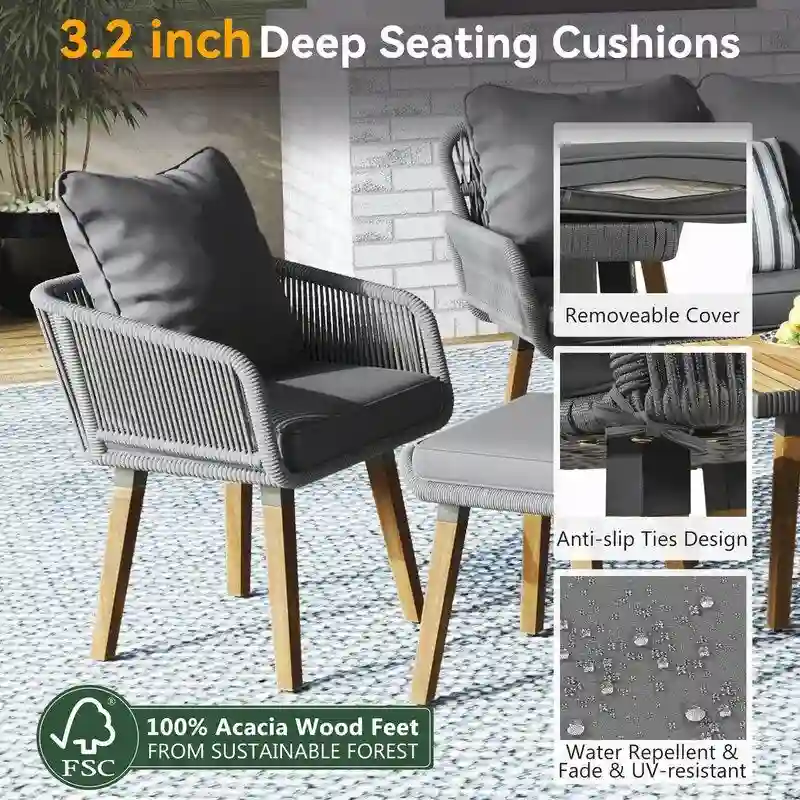 6-Piece Rope Patio Furniture Set with Acacia Wood Cool Bar Table