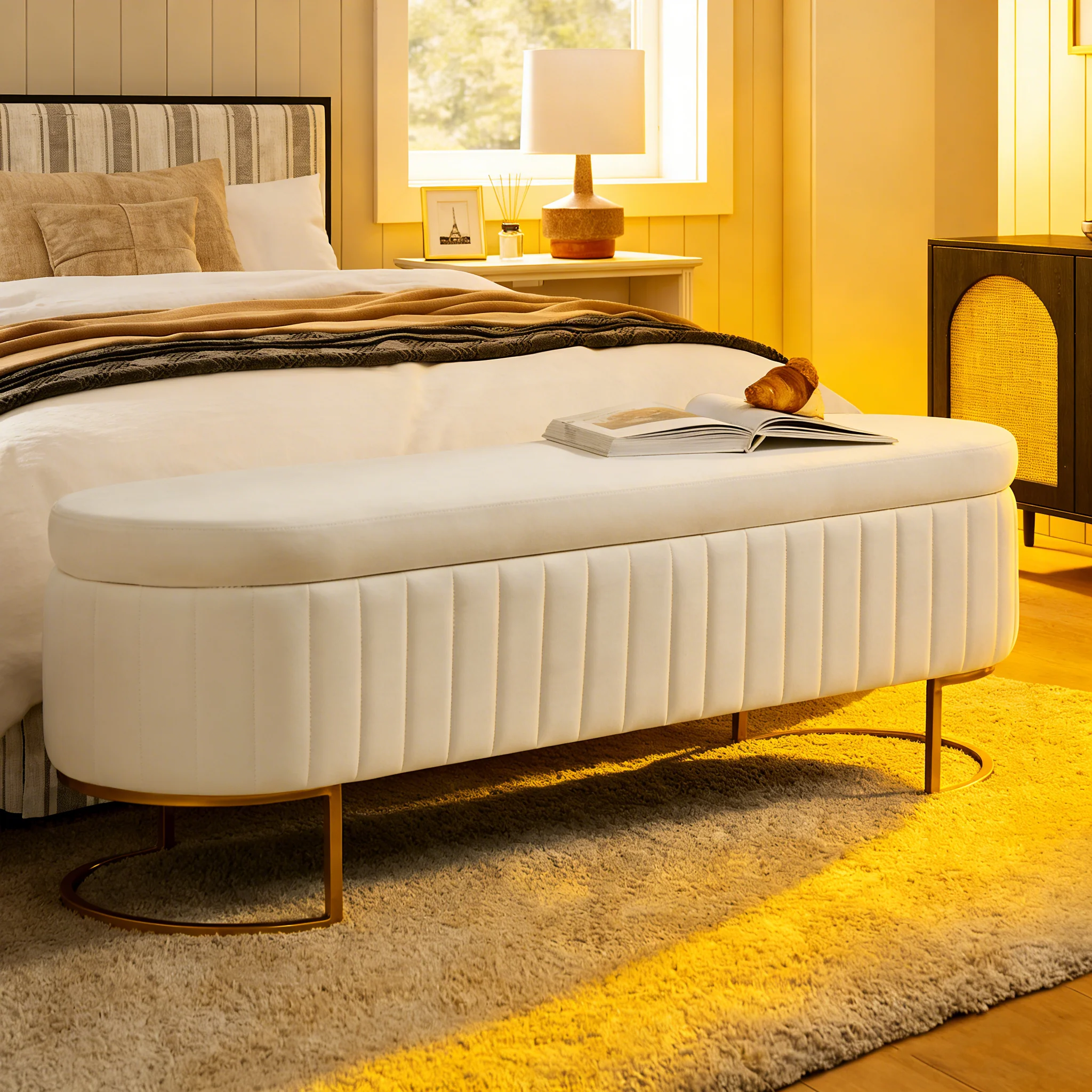 Mid-Century Modern Upholstered Storage Bench (with Built-in Divider and Metal Legs)