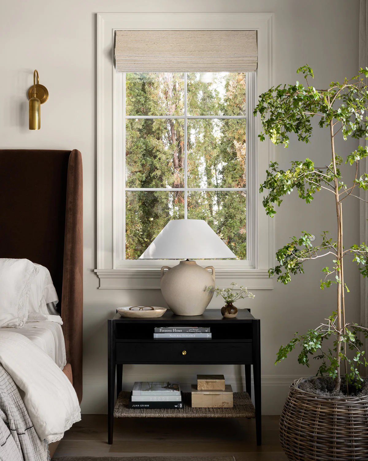 Coastal Wood Nightstand with Woven Seagrass Shelf & Brass Hardware for Bedroom