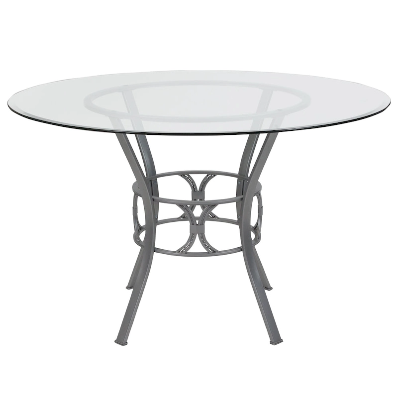 48 Round Glass Dining Table with Crescent Style Metal Frame - 48W x 48D x 29.5H - 48W x 48D x 29.5H