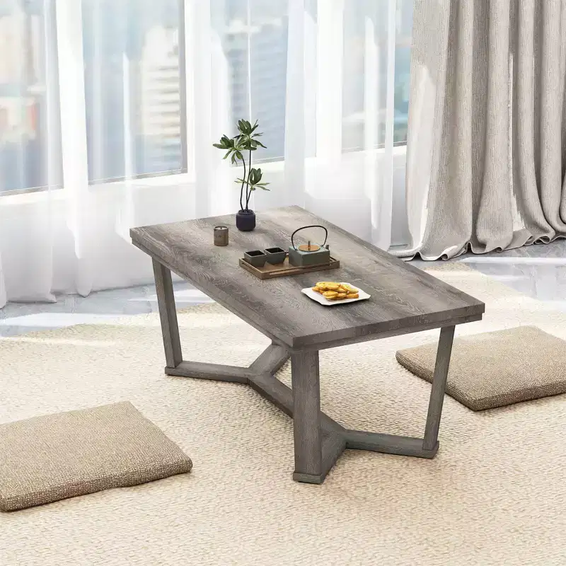 Coffee Table Solid Rubber Wood Center Table w/ Cross-Shaped Base Accent Table