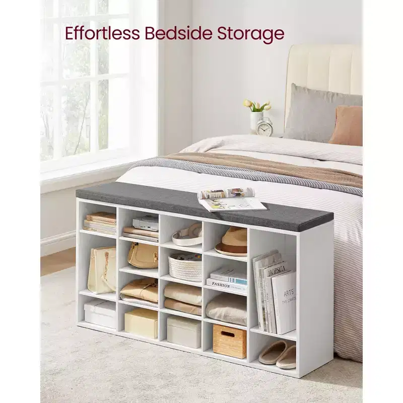 Shoe Storage Bench, Entryway Bench with 20 Compartments & Padded Seat, 300 lb Capacity for Bedroom, Cloud White & Gray