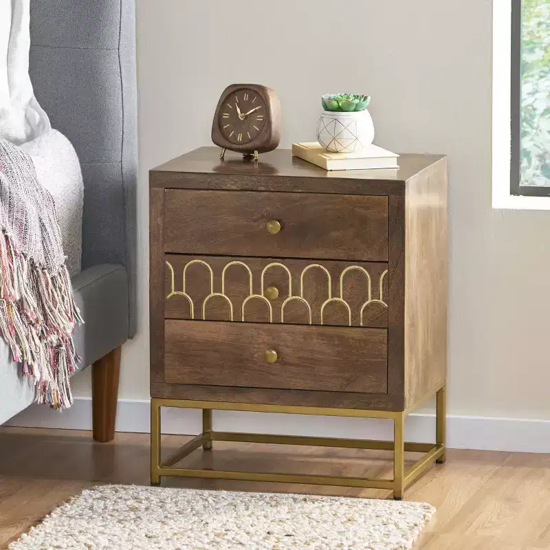 3-Drawer Mango Wood Nightstand with Gold Fish Scale Pattern & Iron Legs, Mid-Century Modern