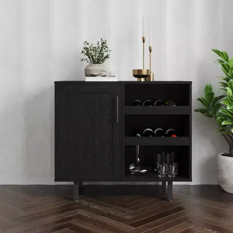 Emma and Oliver Classic Bar and Sideboard with Shaker Style Single Door Cabinet with Hanging Glass Storage and Open Bottle Shelves