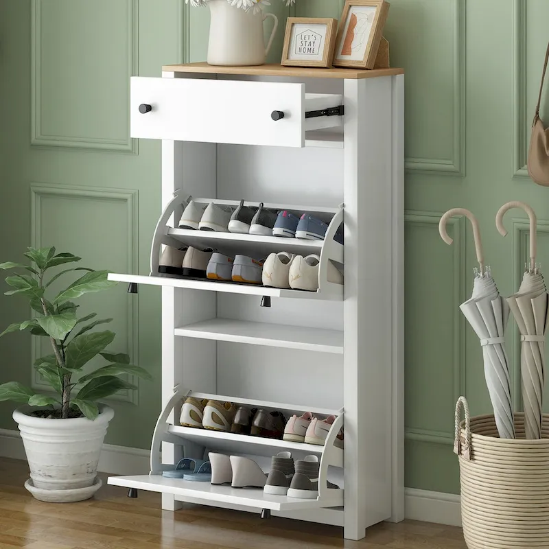 Entryway Organizer with 2 Flip Drawers, Wood Top Shoe Cabinet with Drawer, Free Standing Shoe Rack with Adjustable Panel, White