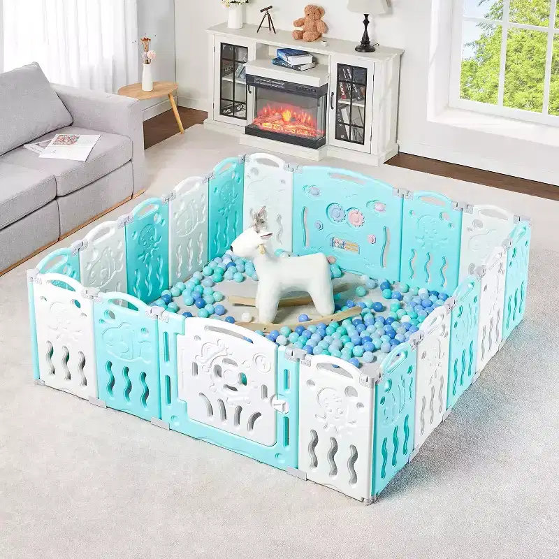 AMERLIFE Baby Playpen, Upgraded Portable Foldable Baby Fence with Game Panel and Safety Gate