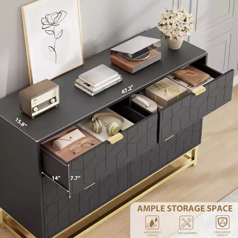 Six-Drawer Bedroom Dressing Table with Gold Metal Legs