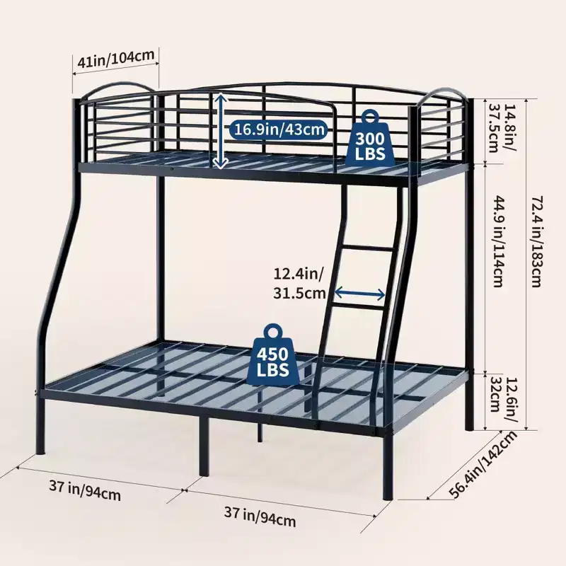 Twin Over Full Bunk Bed,Metal Bunk Beds with Ladder and Guardrail,Heavy Duty,Smooth Rounded Edges,Space Saving Design,Ideal for Dorms and Small Rooms